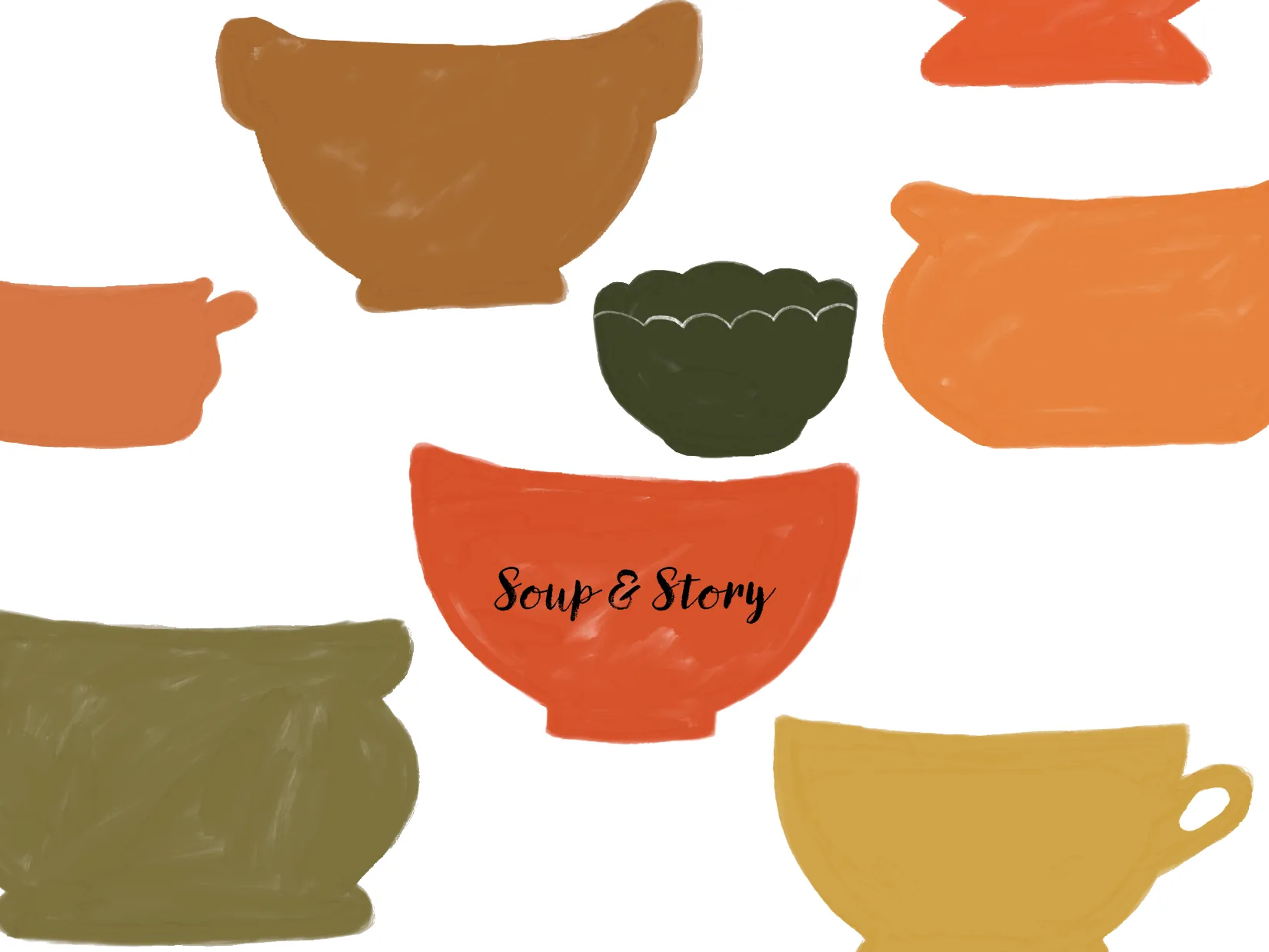 Illustrated Soup & Story bowls gathered around a central orange bowl